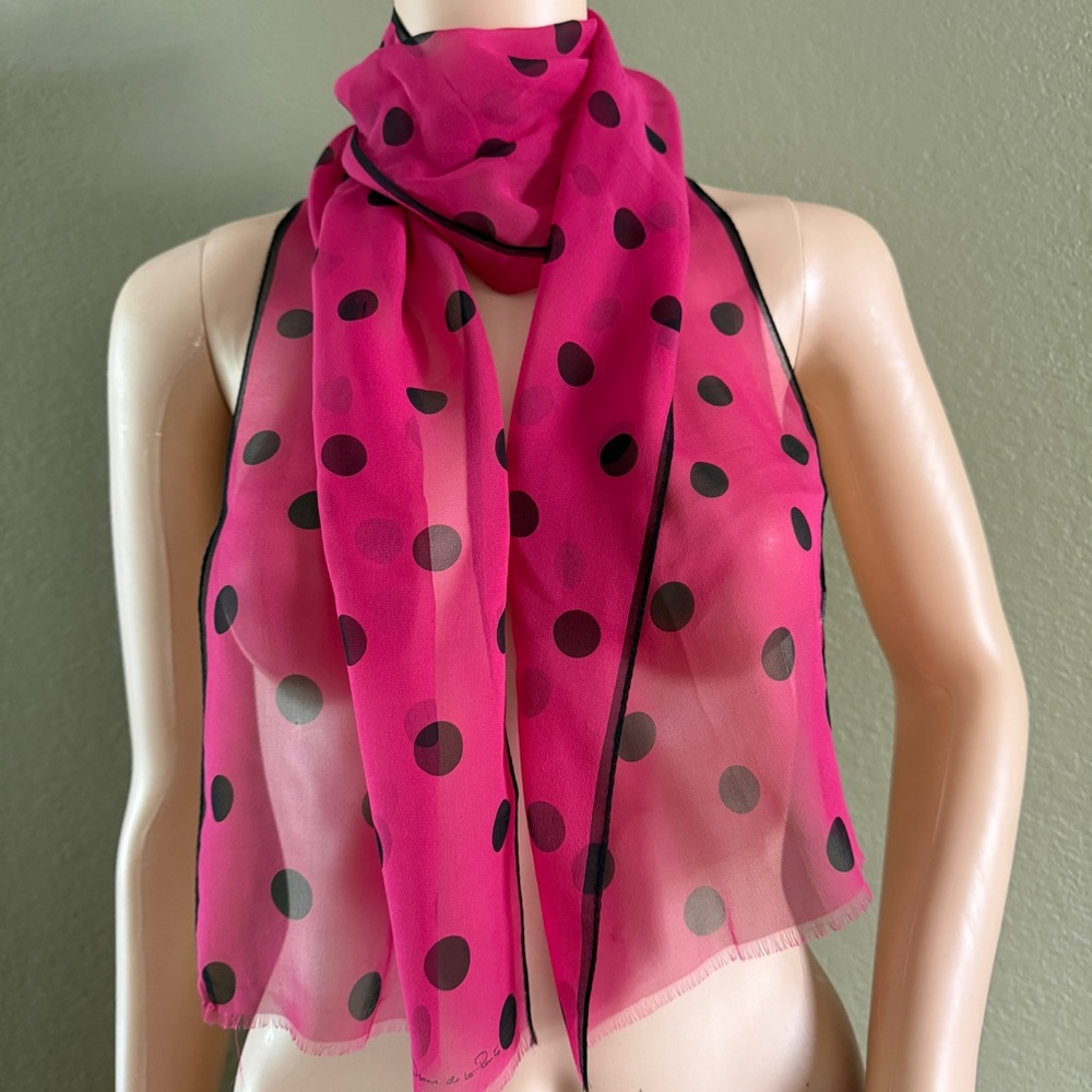 Oscar De La Renta Pink Black Polka Dot Scarf